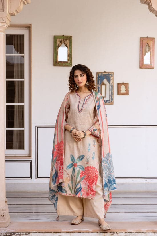 Naisha Linen Cotton With Embroidered Kurti With Bottom Dupatta