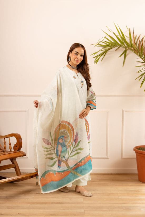 Naisha Linen Cotton With Embroidered Kurti With Bottom Dupatta